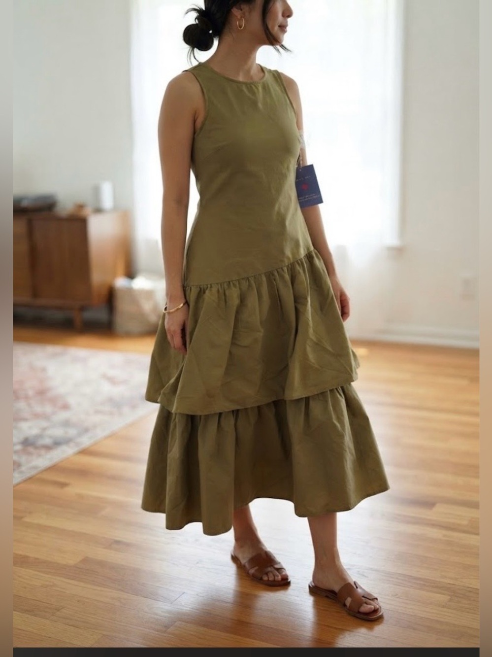 New Truly 4 you  Sleeveless Olive Tiered Midi Dress — Women's Casual Summer Dres